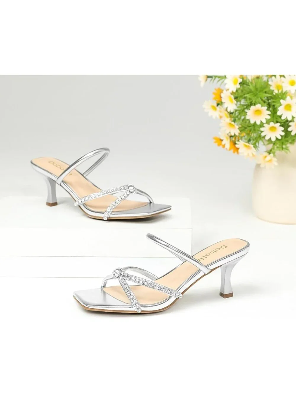 Women's Silver Summer Comfortable Open Toe Strappy Slides Kitten Heeled Sandals
